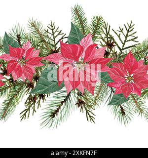 Bordure sans couture de Noël avec poinsettia et branches d'arbre de Noël. Illustration aquarelle dessinée à la main. Guirlande de sapin et fleur de Noël. Ho Banque D'Images