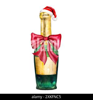 Illustration aquarelle d'une bouteille de champagne avec un chapeau de Père Noël et un noeud rouge. Illustration du nouvel an dessinée à la main Banque D'Images