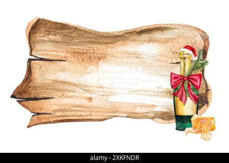 Illustration aquarelle d'une bouteille de champagne dans un chapeau de Père Noël et avec un arc rouge, un brin de sapin, une mandarine sur le fond d'une bannière en bois W. Banque D'Images