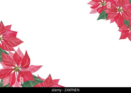 Cadre de carte floral de Noël avec poinsettia et cannes de bonbon. Modèle d'invitation de partie d'illustration d'aquarelle, dessiné à la main, feuilles, fleurs et canne de bonbons Banque D'Images