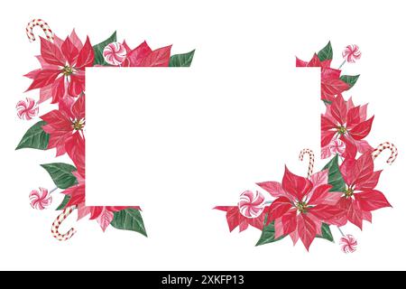 Cadre de carte floral de Noël avec poinsettia et cannes de bonbon. Modèle d'invitation de partie d'illustration d'aquarelle, dessiné à la main, feuilles, fleurs et canne de bonbons Banque D'Images