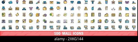 ensemble de 100 icônes de centre commercial. Ensemble de lignes de couleur d'icônes de vecteur de centre commercial couleur de ligne mince plat sur blanc Illustration de Vecteur