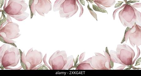 Branches de magnolia rose clair avec des fleurs et des feuilles. Cadre horizontal de floraison printanière. Illustration dessinée à la main isolée à l'aquarelle florale pour carte, Banque D'Images