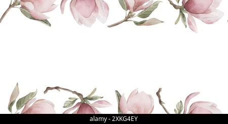 Branches de magnolia rose clair avec des fleurs et des feuilles. Bordure sans couture, cadre horizontal de fleur de printemps. L'aquarelle florale isole dessiné à la main Banque D'Images