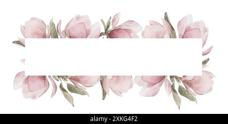 Branches de magnolia rose clair avec des fleurs et des feuilles. Cadre horizontal de floraison printanière. Illustration dessinée à la main isolée à l'aquarelle florale pour carte, Banque D'Images