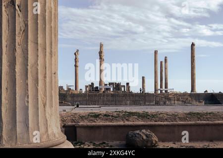 Ruines du palais Apadana (salle d'audience) à Persépolis, l'ancienne capitale persane d'environ 500 av. J.-C., un site du patrimoine mondial de l'UNESCO près de Shiraz, Iran Banque D'Images