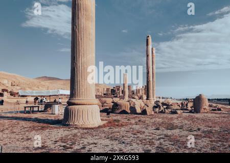 Ruines du palais Apadana (salle d'audience) à Persépolis, l'ancienne capitale persane d'environ 500 av. J.-C., un site du patrimoine mondial de l'UNESCO près de Shiraz, Iran Banque D'Images