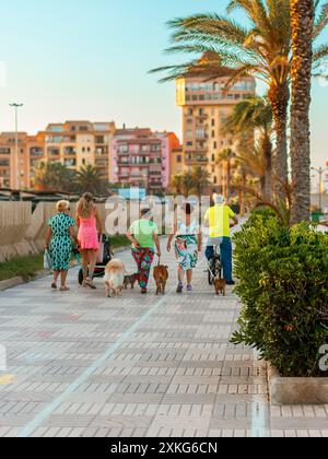 une famille marchant le long du front de mer avec leurs chiens. Banque D'Images