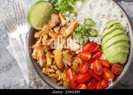 Carnitas de viande de poulet râpée avec riz, tomates, poivre jalapeno et avocat gros plan dans le bol sur la table. Vue horizontale de dessus Banque D'Images