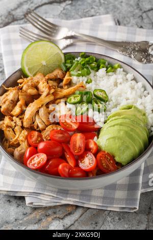 Bol Carnitas poulet ou bol burrito avec riz, tomates, piment jalapeno et avocat gros plan sur la table. Vertical Banque D'Images