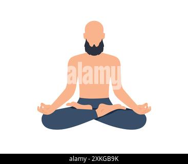 Homme chauve abstrait avec la barbe assis dans la pose de lotus. Méditant mâle isolé sur fond blanc. Journée internationale du yoga. Illustration vectorielle Illustration de Vecteur