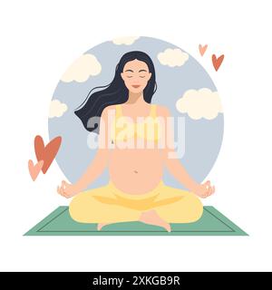 Femme enceinte heureuse assise dans la pose du lotus. Femme enceinte faisant du yoga. La femme enceinte médite. Concept de grossesse saine Illustration de Vecteur