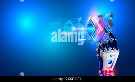 Robot ou cyborg tient la puce électronique ou l'unité centrale. Processeur moderne de conception AI. Fond ou bannière abstraite de la nouvelle technologie. Intelligence artificielle o Illustration de Vecteur