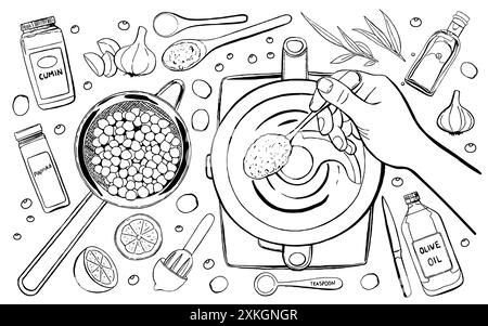 Collection d'éléments de cuisson Hummus Outline. Ingrédients, vaisselle et accessoires, pois chiches, mixeur. Illustration vectorielle dessinée à la main Illustration de Vecteur