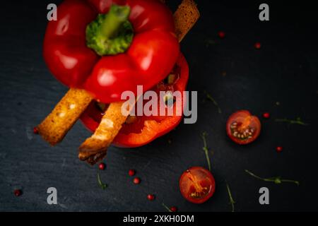 Poivrons rouges farcis avec tranches de pain grillées sur fond noir. Foyer sélectionné. Photo de haute qualité Banque D'Images