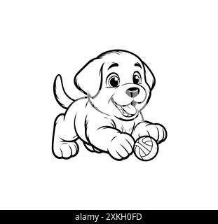 Chiot Labrador ludique tenant une balle. Adorable chien de dessin animé avec une expression joyeuse. Parfait pour les livres de coloriage pour enfants, les dessins liés aux animaux de compagnie, et Illustration de Vecteur