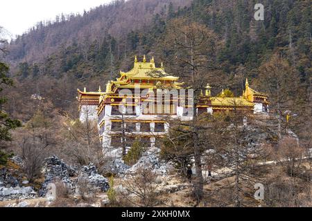 Le monastère de Chonggu se trouve dans le parc de Yading et est situé au pied du mont Xiannairi. C'est une destination touristique populaire. Banque D'Images