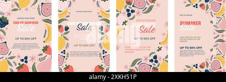 Quatre affiches verticales promotionnelles soldes d'été de fin de saison. Fond rose pastel avec des illustrations de fruits vibrantes bananes, citrons, figues, fraises, bleuets et accents floraux. Illustration de Vecteur