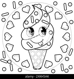 Coloriage pour enfants et adultes. Livre à colorier sirène. Personnage mignon de crème glacée. Délicieux désert. Illustration vectorielle de contour de dessin animé. Enfants Banque D'Images