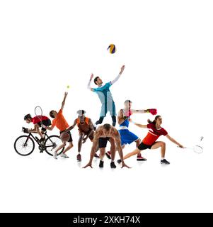 Collage dynamique. Athlètes dans divers sports cyclisme, tennis, basket-ball, volley-ball, boxe, et badminton sur fond blanc de studio. Banque D'Images