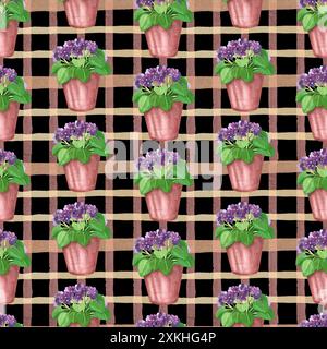 Motif aquarelle sans couture. Fleurs d'intérieur, violettes dans un pot brun sur un fond sombre carré. Tous les objets sont peints à la main avec des aquarelles. Banque D'Images