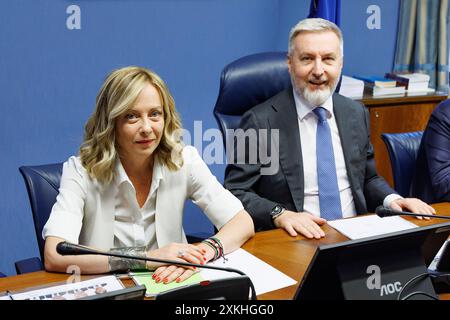 Roma, Italie. 23 juillet 2024. La presidente del Consiglio Giorgia Meloni durante l'audizione al Copasir presieduto da Lorenzo Guerini. Roma, Marted&#xec;, 23 Luglio 2024 (Foto Roberto Monaldo/LaPresse) le premier ministre Giorgia Meloni lors de l'audition devant la Commission parlementaire pour la sécurité de la république présidée par Lorenzo Guerini. Rome, mardi 23 juillet 2024 (photo Roberto Monaldo/LaPresse) crédit : LaPresse/Alamy Live News Banque D'Images