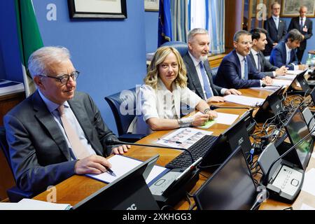 Roma, Italie. 23 juillet 2024. La presidente del Consiglio Giorgia Meloni durante l'audizione al Copasir presieduto da Lorenzo Guerini. Roma, Marted&#xec;, 23 Luglio 2024 (Foto Roberto Monaldo/LaPresse) le premier ministre Giorgia Meloni lors de l'audition devant la Commission parlementaire pour la sécurité de la république présidée par Lorenzo Guerini. Rome, mardi 23 juillet 2024 (photo Roberto Monaldo/LaPresse) crédit : LaPresse/Alamy Live News Banque D'Images