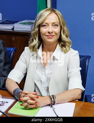 Roma, Italie. 23 juillet 2024. La presidente del Consiglio Giorgia Meloni durante l'audizione al Copasir. Roma, Marted&#xec;, 23 Luglio 2024 (Foto Roberto Monaldo/LaPresse) le premier ministre Giorgia Meloni lors de l'audition devant la Commission parlementaire pour la sécurité de la république. Rome, mardi 23 juillet 2024 (photo Roberto Monaldo/LaPresse) crédit : LaPresse/Alamy Live News Banque D'Images