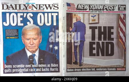 Les gros titres du New York Daily News and Post du lundi 22 juillet 2024 font état de l'annonce faite les jours précédents par le président Joe Biden qu'il ne se présentera pas à l'élection présidentielle de 2024. (© Richard B. Levine) Banque D'Images