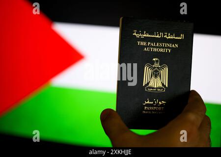 Gaziantep, Turkiye. 20 juillet 2024. Gaziantep, Turkiye. 20 juillet 2024. Le passeport et le document de voyage de l'Autorité palestinienne. Les Palestiniens résidant en Cisjordanie et dans la bande de Gaza ont leurs propres passeports délivrés par l'Autorité palestinienne à Ramallah. L’Autorité palestinienne a commencé à délivrer des passeports en 1995, deux ans après les accords d’Oslo (image de crédit : © Zakariya Yahya/IMAGESLIVE via ZUMA Press Wire) USAGE ÉDITORIAL SEULEMENT ! Non destiné à UN USAGE commercial ! Banque D'Images