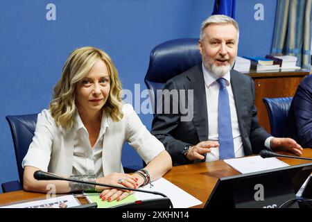 Roma, Italie. 23 juillet 2024. La presidente del Consiglio Giorgia Meloni durante l'audizione al Copasir presieduto da Lorenzo Guerini. Roma, Marted&#xec;, 23 Luglio 2024 (Foto Roberto Monaldo/LaPresse) le premier ministre Giorgia Meloni lors de l'audition devant la Commission parlementaire pour la sécurité de la république présidée par Lorenzo Guerini. Rome, mardi 23 juillet 2024 (photo Roberto Monaldo/LaPresse) crédit : LaPresse/Alamy Live News Banque D'Images