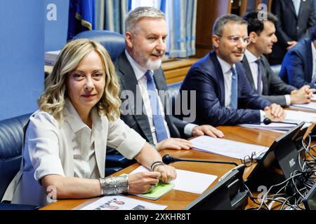 Roma, Italie. 23 juillet 2024. La presidente del Consiglio Giorgia Meloni durante l'audizione al Copasir presieduto da Lorenzo Guerini. Roma, Marted&#xec;, 23 Luglio 2024 (Foto Roberto Monaldo/LaPresse) le premier ministre Giorgia Meloni lors de l'audition devant la Commission parlementaire pour la sécurité de la république présidée par Lorenzo Guerini. Rome, mardi 23 juillet 2024 (photo Roberto Monaldo/LaPresse) crédit : LaPresse/Alamy Live News Banque D'Images