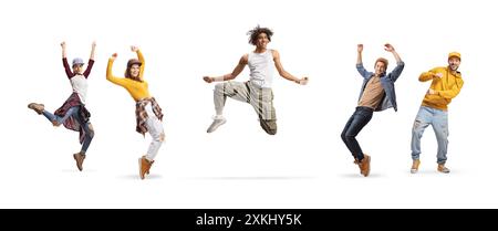 Danseur masculin afro-américain entre danseurs caucasiens masculins et féminins isolés sur fond blanc Banque D'Images