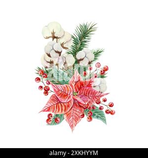 Fleurs de Noël. Poinsettia, branches de sapin, coton, baies. Illustration d'aquarelle dessinée à la main isolée sur fond blanc. Pour les cartes du nouvel an, inv Banque D'Images