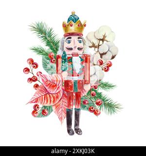 Casse-noisette. Carte de Noël avec branches de sapin, coton, baies, poinsettia. Illustration d'aquarelle dessinée à la main isolée sur fond blanc. Pour New Ye Banque D'Images