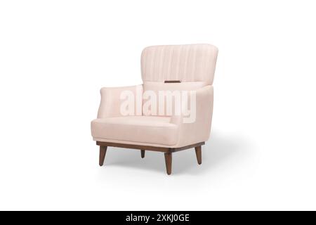 Fauteuil rose blush élégant avec pieds en bois, parfait pour un salon élégant ou un bureau Banque D'Images