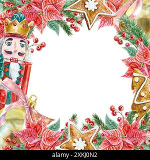Casse-noisettes, cadre poinsettia, carré. Branches de sapin, biscuits au gingembre, baies. Fleurs et feuilles de Noël. Illustration aquarelle isolée sur blanc. Banque D'Images