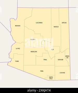 Comtés de l'Arizona, carte politique. État enclavé, dans la région sud-ouest des États-Unis, subdivisé en 15 comtés. Banque D'Images