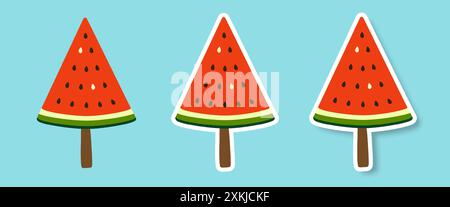 Un ensemble d'autocollants ou d'icônes de tranche de pastèque sur un bâton sur un fond bleu. Illustration de Vecteur