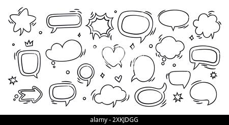 Bulles de parole. Vider les boîtes de dialogue de bande dessinée. Emplacements de texte dessinés à la main. Style drôle de doodle. Différentes formes de contour. Fenêtres de communication. Autocollants de dialogue Illustration de Vecteur