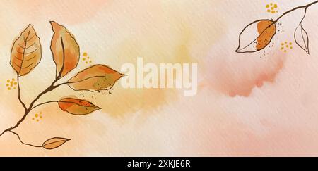 Illustration aquarelle de branches d'arbres avec des feuilles sèches sur un fond texturé de papier aquarelle. Copier l'espace Illustration de Vecteur