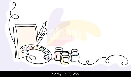Pinceaux, palette de peinture, peintures et toile. Dessin continu sur une ligne Illustration de Vecteur