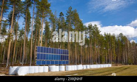 Panneaux solaires et balles d'alimentation du bétail enveloppées dans du plastique à la lisière de la forêt, Finlande Banque D'Images