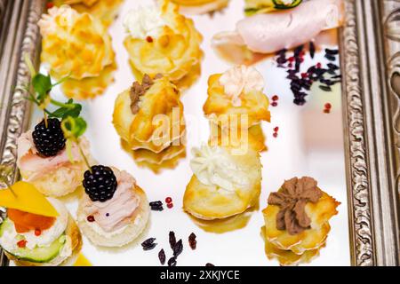 Une sélection de hors-d'œuvre gastronomique comprenant des choux à la crème et des canapés, magnifiquement disposés sur un plateau en argent. Banque D'Images