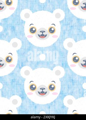 Modèle sans couture de la tête d'un ours polaire avec de la neige pour les enfants. Motif d'ours blanc kawaii pour la fête des enfants. Bébé ours. Banque D'Images