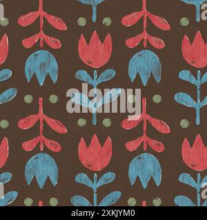 Motif floral vintage sans couture dans le style folklorique scandinave. Motif rétro sans couture avec fleurs de tulipe grunge Banque D'Images