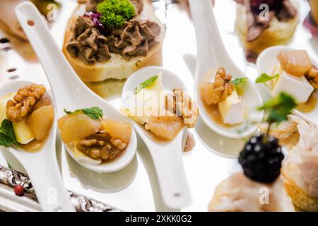 Hors-d'œuvre gastronomique avec noix, fromage et fruits dans des cuillères en céramique sur un plateau miroir. Photo horizontale. Vue de dessus. Banque D'Images