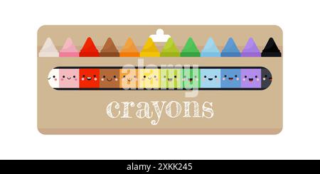 Ensemble de crayons de cire dans une boîte en carton, mignons petits crayons colorés dans le style kawaii. Illustration vectorielle Illustration de Vecteur