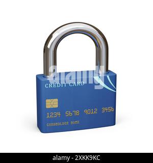 Carte de crédit en forme de cadenas fermé isolé sur fond blanc. Concept de sécurité. illustration 3d. Banque D'Images