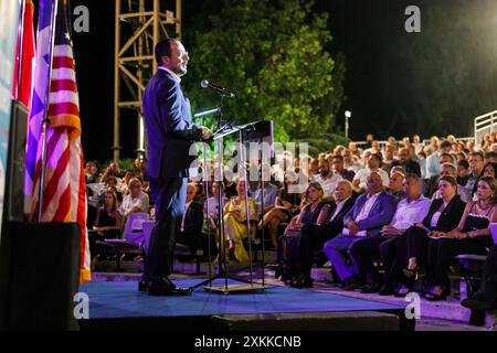 Limassol, Chypre. 22 juillet 2024. Le Président de Chypre NIKOS CHRISTODOULIDES prononce son discours lors de la cérémonie, Limassol, Chypre, le 22 juillet 2024. La convention suprême de la famille AHEPA (American Hellenic Educational progressive Association) a lieu à Chypre, pour commémorer le 50ème anniversaire de l'invasion turque, qui a conduit à l'occupation de 37% de l'île depuis 1974. (Photo de Kostas Pikoulas/Sipa USA). Crédit : Sipa USA/Alamy Live News Banque D'Images